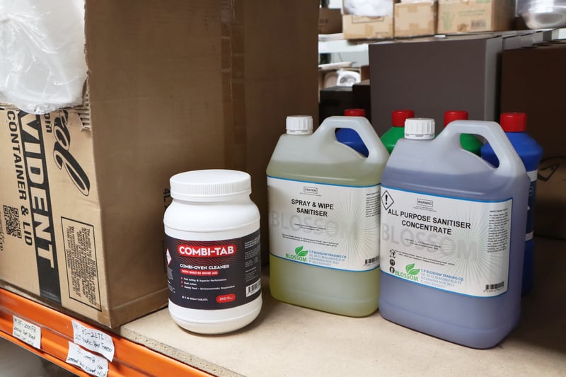 Cleaning products including a spray and wipe sanitiser and all purpose sanitiser concentrate for foodservice venues by FoodByUs Supplier, CP Blossom