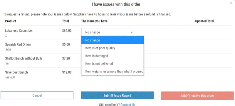 Have a problem with your wholesale food order? Sort it out quickly and easily with the FoodByUs Dashboard Order Resolution feature